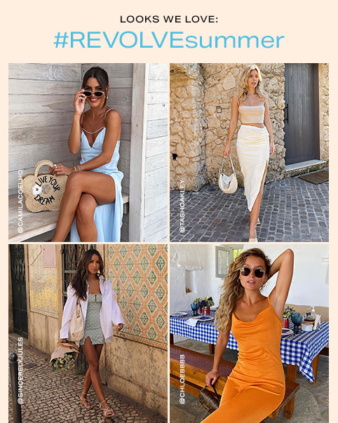 Julie Sariñana wearing a mint green mini dress with a white floral print, a white button down shirt, strappy sandals, and holding a bouquet of flowers. Camila Coelho sitting on a bench wearing sunglasses and a blue sleeveless maxi dress with side slit, and holding a woven bag. Natasha Oakley wearing a beige cropped cami top and a white midi skirt. Chloe Bleinc sitting at a table wearing sunglasses and an orange sleeves midi dress. Looks We Love: #REVOLVEsummer. Shop the Edit.