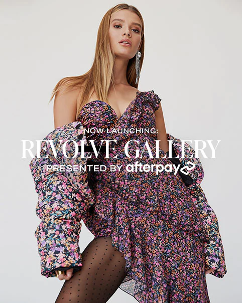A model wearing a black and pink sequin gown, a model wearing an off the shoulder floral print dress with ruffles and puff sleeves, and sheer black polka dot tights. A model wearing a lime green blazer dress and carrying a zebra print clutch. A model wearing a blue and brown marble spring off the shoulder long sleeve crop top and matching skirt. A model wearing a beige baseball cap and a brown leopard print puff sleeve blouse and black leather pants. Now Launching: The REVOLVE Gallery Presented by Afterpay. Enter the Gallery.